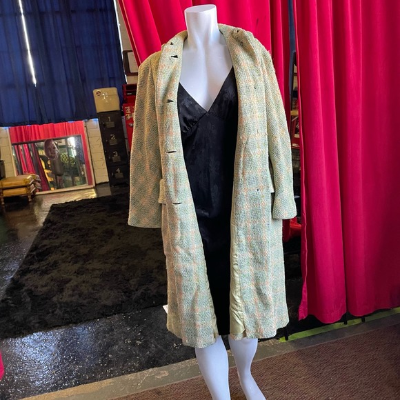Vintage 50s 60s Green Orange Plaid Tweed Coat Size M Plastic Buttons Mid Century - Picture 2 of 6